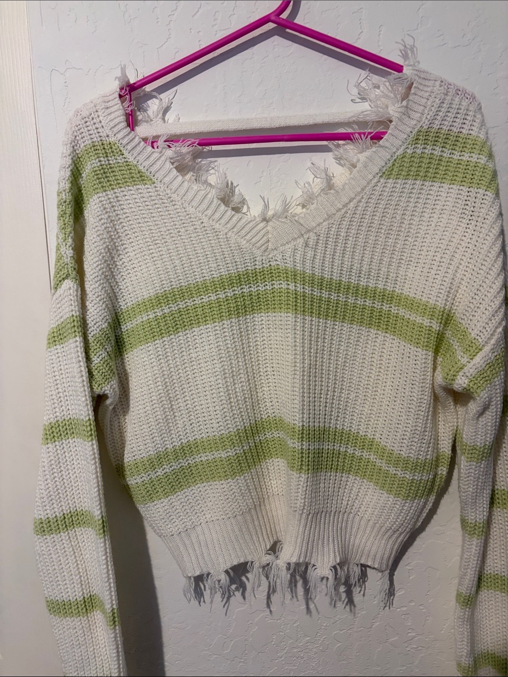 Cloud Chaser Cream and Light Green Striped V-Neck Cropped Sweater Medium